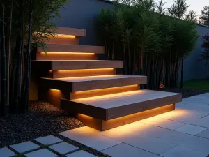 Modern Floating Wood Steps - Minimalist floating wooden steps with LED lighting underneath, surrounded by black bamboo and modern landscaping, shot at twilight