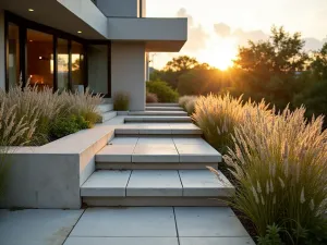 Modern Sandstone Floating Steps - Minimalist floating sandstone steps with clean lines and precise cuts, flanked by ornamental grasses, side view at golden hour, architectural