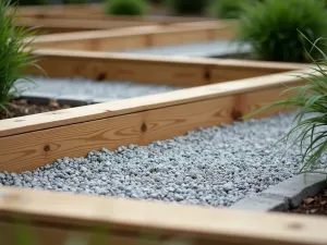 Modern Timber and Gravel Steps - Close-up view of contemporary garden steps using pressure-treated timber frames filled with light gray gravel, showing clean geometric lines