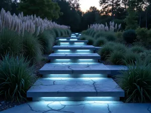 Moonlit Garden Steps - Modern garden steps with integrated LED strip lighting along the edges, casting a soft blue glow in twilight. Natural stone steps surrounded by ornamental grasses swaying in the evening breeze, photorealistic