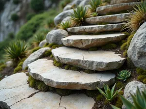 Natural Curved Boulder Steps - Organic curved steps created from large, flat boulder slices, embedded into a hillside. Moss and small succulents grow between the rocks. Close-up shot showing the natural texture and plant integration.