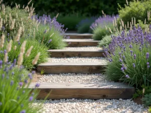 Natural Gravel Garden Steps with Railway Sleepers - Rustic garden steps made from reclaimed railway sleepers and light-colored gravel, bordered by wild lavender and ornamental grasses, photographed in natural daylight