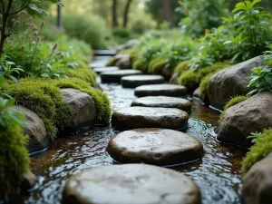 Natural Stream-Side Steps - Natural perspective of stepping stones crossing a small garden stream, surrounded by moisture-loving plants and natural boulders