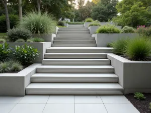 Porcelain and Aluminum Steps - Contemporary garden steps featuring large-format porcelain tiles combined with brushed aluminum risers, creating a clean, minimal aesthetic