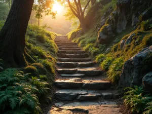 Quartzite Forest Steps - Dramatic quartzite stone steps illuminated by sunset, ferns and moss growing alongside, wide angle view through forest