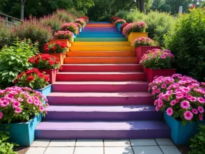 Rainbow Flower Steps - Colorful garden steps with built-in planters featuring a gradient of flowering plants from red to purple. Wide angle showing the complete color spectrum