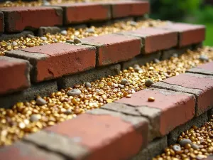 Recycled Brick and Gravel Steps - Close-up detail of garden steps made from recycled brick edges filled with golden gravel, showing texture and pattern