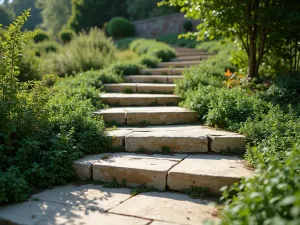 Rustic Limestone Steps - Gently curving garden steps made from weathered limestone blocks, bordered by creeping thyme and small ferns, casting soft shadows in morning light, photorealistic