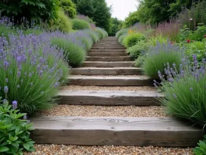 Rustic Railway Sleeper Steps - Wide angle shot of weathered railway sleeper steps climbing a garden slope, with lavender borders and cottage garden plants spilling over the edges. Natural, rustic appearance with gravel path sections.