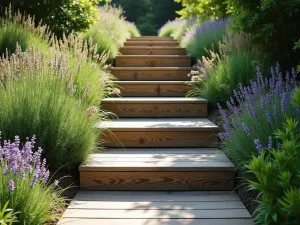 Rustic Timber Garden Steps - Wide rustic wooden garden steps made from natural railway sleepers, flanked by ornamental grasses and lavender, leading up a gentle slope in dappled sunlight