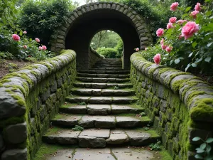 Secret Garden Curved Steps - Mysterious curved stone steps covered in moss, leading through an archway draped with climbing roses and clematis. Shot from ground level creating an enchanting perspective.