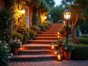 Secret Garden Evening - Rustic brick steps with vintage-style copper lanterns, climbing roses and ivy illuminated by warm lighting, creating romantic evening atmosphere