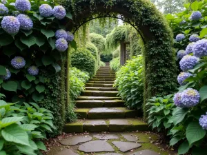 Secret Garden Steps - Moss-covered wooden steps leading through an archway of climbing hydrangea and wisteria, creating a magical garden entrance