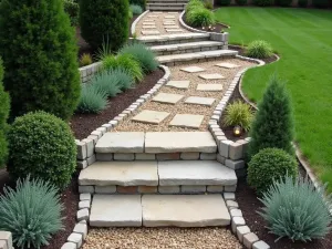 Simple Gravel Path Steps with Stone Edging - Aerial view of gently sloping garden steps created with pea gravel and simple stone edging, featuring thyme growing between steps