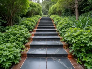 Slate and Copper Garden Steps - Wide view of cascading garden steps made from dark slate with copper edging, creating a dramatic contrast against lush greenery