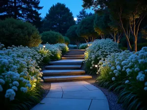 Starlight Garden Path - Wide-angle view of gently curving garden steps with fiber optic lighting creating a starry night effect. White flowering plants glowing in the moonlight, creating ethereal atmosphere