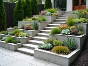 Succulent-Lined Terrace Steps - Modern concrete steps with built-in planters on each riser, filled with colorful succulents and sedums creating a living wall effect. Shot from a side angle to show the cascading pattern