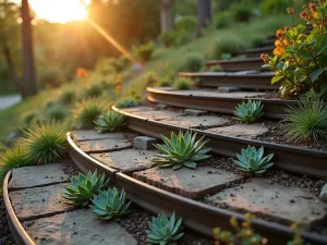 Terraced Railroad Garden Path - Close-up of meticulously arranged railroad tie steps creating a terraced effect, with succulent gardens integrated into each level, shot during golden hour