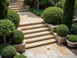 Terrazzo and Brass Steps - Elegant garden steps featuring terrazzo treads with brass inlays and risers, surrounded by Mediterranean-style planting, aerial view