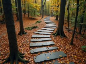 Travertine Forest Steps - Dramatic travertine stone steps winding through tall trees, covered in fallen leaves, aerial drone view showing path through forest