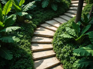 Tropical Curved Paradise Steps - Lush curved steps made of natural stone, surrounded by tropical plants including bird of paradise and banana plants. Aerial view showing the winding path through exotic foliage.