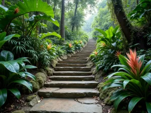 Tropical Living Stairway - Broad stone steps with integrated tropical plants, featuring bright bromeliads and trailing vines. Wide-angle shot showing the lush, jungle-like atmosphere