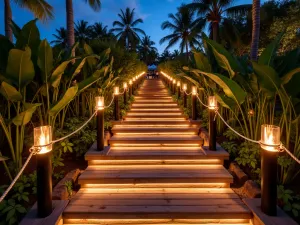 Tropical Paradise Path - Wide view of wooden steps with rope lighting, surrounded by illuminated tropical plants and tiki torches, creating resort-style evening ambiance