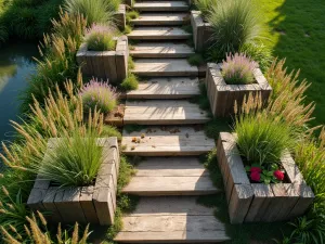 Wildflower Steps Meadow - Wide rustic wooden steps with sides that double as planters, overflowing with native wildflowers and grasses. Aerial view showing the flowing pattern of colors and textures