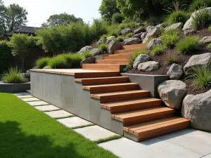 Wood and Concrete Floating Steps - Wide-angle view of floating garden steps made with warm teak wood treads and raw concrete supports, creating a floating effect against a landscaped hillside