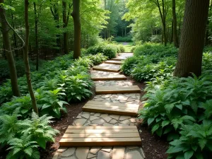 Woodland Curved Timber Steps - Natural timber steps following a gentle curve through a shaded woodland garden. Ferns and hostas line the edges. Shot from above showing the meandering path through the trees.