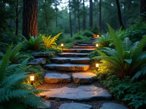 Woodland Glow Path - Natural stone steps with subtle ground-level lighting, surrounded by illuminated ferns and hostas creating magical evening woodland scene, view from ground level