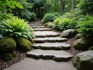 Woodland Gravel Step Path - Natural-looking gravel steps winding through a shaded garden area, bordered by ferns and moss-covered rocks