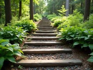 Woodland Modern Staircase - Natural-looking railroad tie steps cutting through a modern woodland garden, with native ferns and ground cover, captured in dappled sunlight