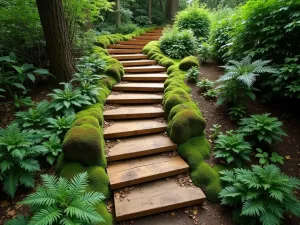 Woodland Path Steps - Natural cedar wood steps winding through a shaded woodland garden, covered in moss, with ferns and hostas lining the edges, aerial view