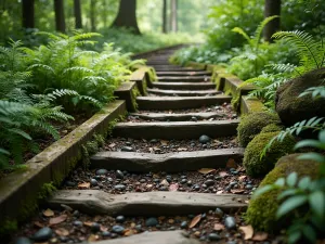 Woodland Railway Tie Steps - Natural perspective of rustic railway tie steps winding through a shaded woodland garden, surrounded by ferns, hostas, and moss-covered stones