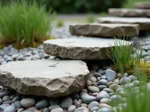 Zen Garden Stone Steps - Close-up detail of individually placed natural stone steps floating over a bed of raked gravel, accented with small clumps of mondo grass and moss