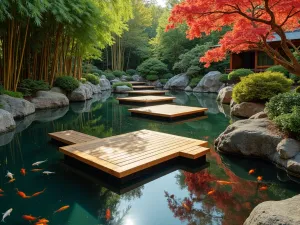 Zen Garden Timber Path - Wide angle view of geometric wooden step platforms floating over a peaceful koi pond, surrounded by Japanese maples and bamboo