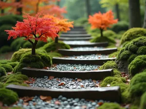 Zen Railroad Step Garden - Railroad tie steps arranged in a Japanese garden style with moss-covered edges and miniature maple trees, shot from a low angle