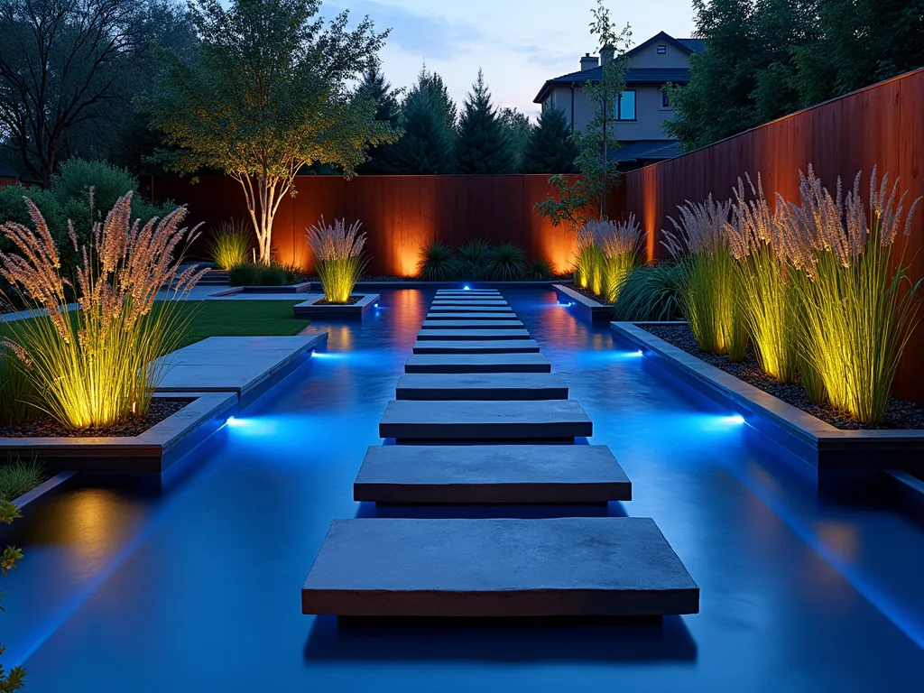 Contemporary Geometric Water Garden at Dusk - A stunning modern suburban garden photographed at dusk featuring a series of illuminated rectangular reflecting pools with floating concrete stepping stones. Dramatic LED uplighting casts a blue glow on architectural steel planters containing tall horsetail reeds and Japanese forest grass. Clean lines of cor-ten steel borders frame the water features, while minimalist black bamboo creates vertical interest. The composition is captured with a wide-angle lens, showing the entire water garden design with the warm glow of garden lighting reflecting off the still water surfaces. Professional DSLR photo with f/8 aperture capturing the rich ambient lighting and water reflections, ISO 100, 1/125 shutter speed.