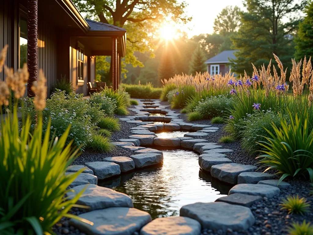 Contemporary Rain Garden with Cascading Water Features - A serene suburban rain garden at golden hour, captured with a wide-angle lens showcasing multiple levels of water management. In the foreground, stylish copper rain chains guide water from the modern house eaves into a series of interconnected stone-lined channels. These channels wind through beds of lush Joe Pye Weed, Siberian Iris, and native sedges, leading to a lower-level collection pool decorated with smooth river rocks. Permeable gravel pathways intersect the space, while carefully graded terrain creates natural water flow patterns. Ornamental grasses catch the warm evening light, casting gentle shadows across the water features. The design seamlessly blends functionality with aesthetic appeal, photographed with professional DSLR settings to capture the interplay of light on water and foliage. 8K resolution, hyper-realistic detail.