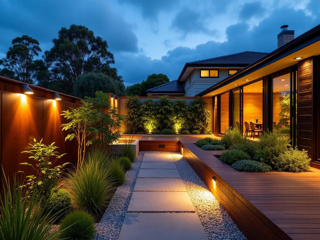 Modern Sustainable Garden Haven - Stunning twilight shot of a modern suburban eco-garden, captured with a wide-angle 16-35mm lens at f/2.8, ISO 400. A contemporary wooden deck made from reclaimed timber leads to a terraced garden with permeable paving. The focal point is an artistic rainwater collection system integrated with a living wall of native ferns and climbing vines. Solar-powered lanterns cast a warm glow across the space, illuminating raised beds filled with drought-resistant plants and herbs. A sleek composting station blends seamlessly with the design, featuring weathered Corten steel panels. Native grasses sway in the foreground, while recycled glass mulch sparkles under the ambient lighting. The space showcases how sustainability meets sophistication in modern garden design.