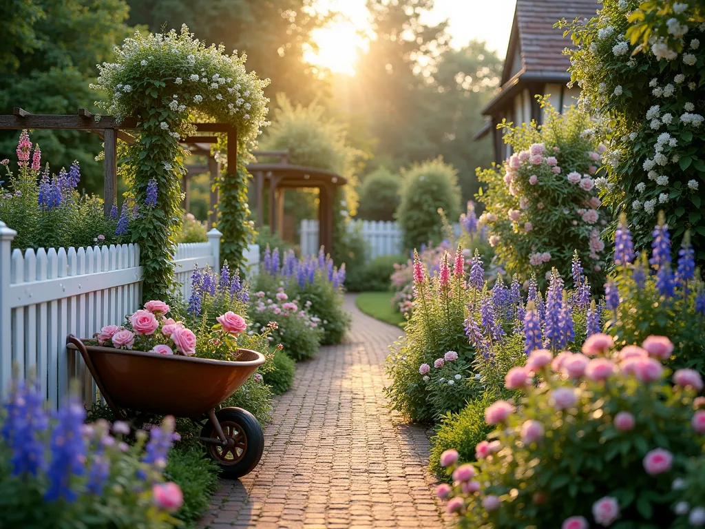 Enchanted Cottage Garden at Dawn - A dreamy, wide-angle view of a lush suburban cottage garden at dawn, with golden morning light filtering through the foliage. A charming white picket fence frames overflowing flower beds bursting with pink and purple English roses, towering blue delphiniums, and majestic foxgloves. A rustic brick pathway meanders through the garden, leading to a weathered wooden arbor covered in climbing white clematis and pale pink rambling roses. An authentic vintage copper wheelbarrow, patinated with age, sits artfully positioned along the path, spilling over with cottage garden favorites like lavender and sweet peas. The scene is captured with a soft, romantic atmosphere, dew drops glistening on petals, creating an ethereal, enchanted garden aesthetic. Photorealistic, high detail, professional garden photography style.