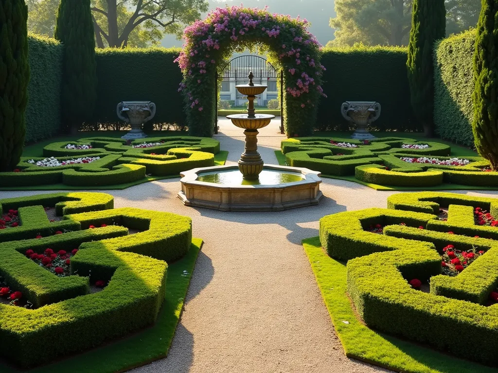 Elegant Formal Parterre Garden with Central Fountain - A pristine, symmetrical parterre garden in early morning light, featuring meticulously manicured boxwood hedges forming intricate geometric patterns. A classical three-tiered stone fountain serves as the centerpiece, with water gracefully cascading down. Perfectly maintained gravel pathways intersect the garden in a cross pattern, while formal rose beds with deep red and white blooms fill the geometric spaces. Tall cypress trees frame the corners, and immaculately trimmed topiaries stand as sentinels. A weathered bronze sundial adds a traditional touch, while climbing wisteria adorns an ornate iron archway in the background. The scene is captured from a slightly elevated angle, showcasing the perfect symmetry and formal Renaissance-inspired design. Morning dew glistens on the precisely cut lawn edges, and golden sunlight casts long shadows across the geometric patterns.