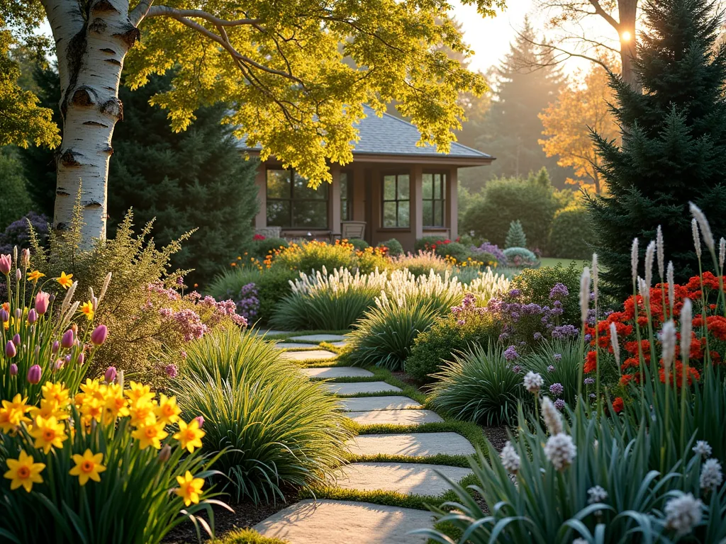 Four-Season Garden Symphony - A stunning suburban garden photographed at golden hour, featuring a harmonious blend of seasonal elements captured with a 16-35mm lens at f/2.8, ISO 400. The wide-angle composition showcases layered garden beds with blooming spring tulips and daffodils in the foreground, transitioning to vibrant summer hydrangeas and black-eyed susans in the middle ground. Ornamental grasses catch the warm light, their plumes creating ethereal silhouettes. Japanese maples provide striking fall colors, while clusters of winterberry holly offer bright red accents. White-barked birch trees create vertical interest, complemented by structured boxwood hedges and blue spruce providing evergreen framework. A light frost decorates the seed heads of maiden grass, creating a magical crystalline effect in the foreground. Natural stone pathways weave through the garden, leading to a cozy seating area partially visible in the background.