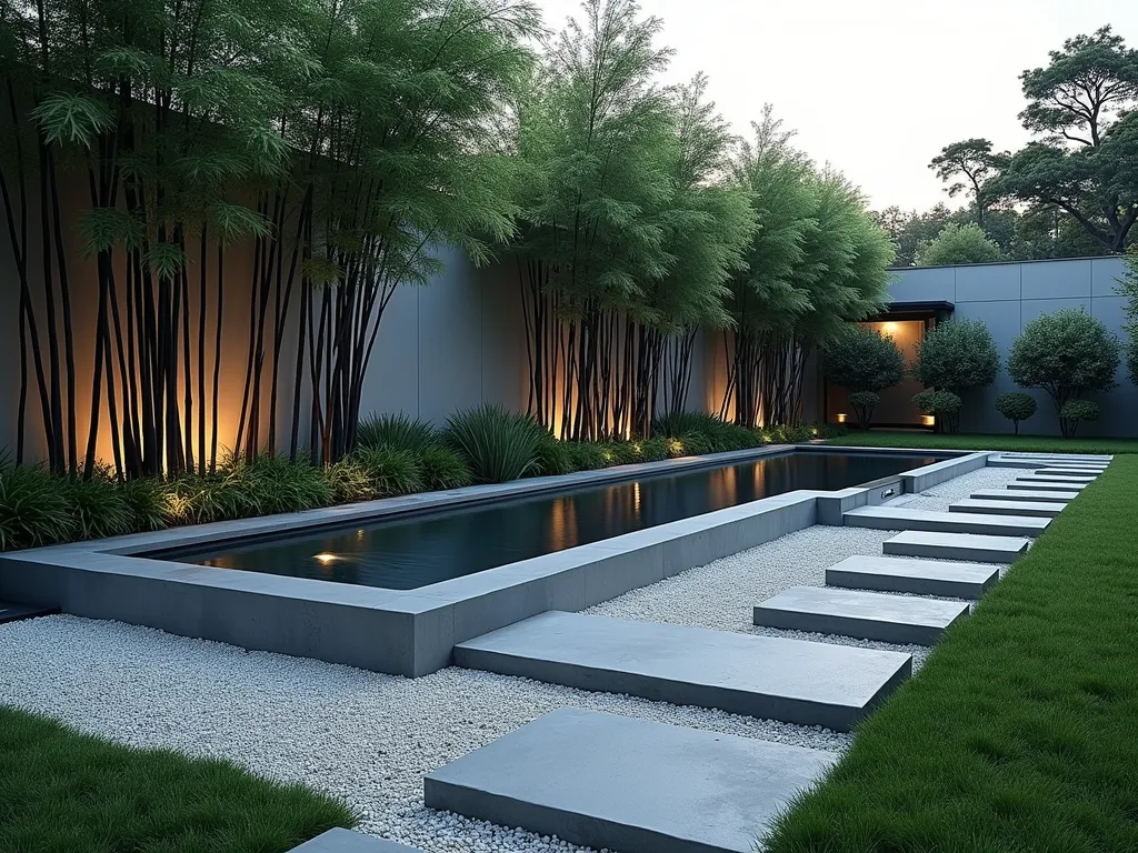 Zen-Inspired Minimalist Garden at Dusk - A serene suburban garden at dusk, photographed with a wide-angle lens capturing the harmonious blend of Japanese and modern design elements. Black bamboo stalks create dramatic vertical lines against a light-colored boundary wall, while meticulously cloud-pruned Japanese holly trees add sculptural elegance. A sleek rectangular reflecting pool with a single chrome water spout creates gentle ripples. The garden features a minimalist gravel path lined with white pebbles and strategic uplighting highlighting the plant forms. Large irregular stone steps float above carefully maintained moss patches. The color palette is deliberately restrained, dominated by various shades of green and white, with silvery green Japanese forest grass providing ground cover. Shot with shallow depth of field at f/2.8, creating a dreamy atmosphere as the last light of day creates subtle shadows.