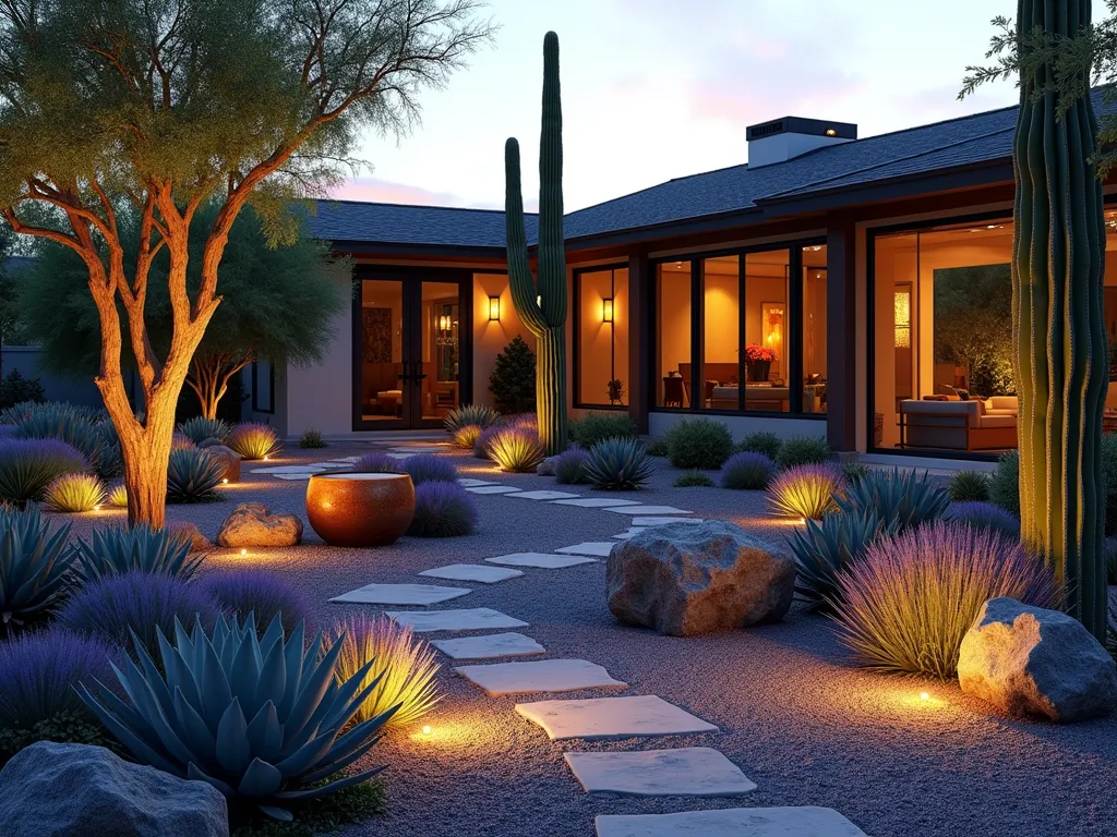 Modern Desert Xeriscape Garden at Dusk - A stunning suburban backyard xeriscape garden at dusk, featuring dramatic clusters of tall blue agave and golden barrel cacti surrounded by flowing purple fountain grass. A meandering decomposed granite pathway leads through the garden, bordered by weathered copper-toned metal sculptures and strategically placed desert boulder formations. Warm LED uplighting casts dramatic shadows on architectural succulents and highlights the sculptural forms of towering saguaro cacti. The space is accented with rust-colored cor-ten steel planters and a modern water feature that creates a gentle trickling sound. The background shows a contemporary home with large windows reflecting the golden sunset sky, photorealistic, 8k resolution, dramatic lighting