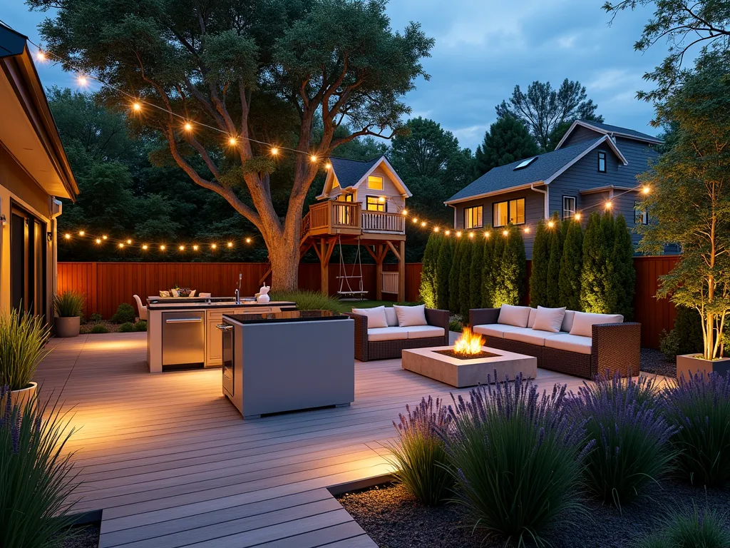 Modern Family Garden Entertainment Hub - Wide-angle twilight shot of a meticulously designed suburban backyard with distinct entertainment zones. A contemporary wooden deck features a sleek outdoor kitchen with stainless steel appliances and bar seating. Adjacent is a cozy lounging area with modern wicker furniture and soft cushions around a fire pit. In the background, a custom-designed treehouse with rope bridge connects to a modern swing set, surrounded by strategic landscape lighting illuminating architectural plants. Japanese maples and ornamental grasses create natural zone divisions, while string lights crisscross overhead creating a magical ambiance. The space seamlessly blends child-friendly elements with sophisticated design, featuring raised garden beds with lavender and salvias bordering the zones.