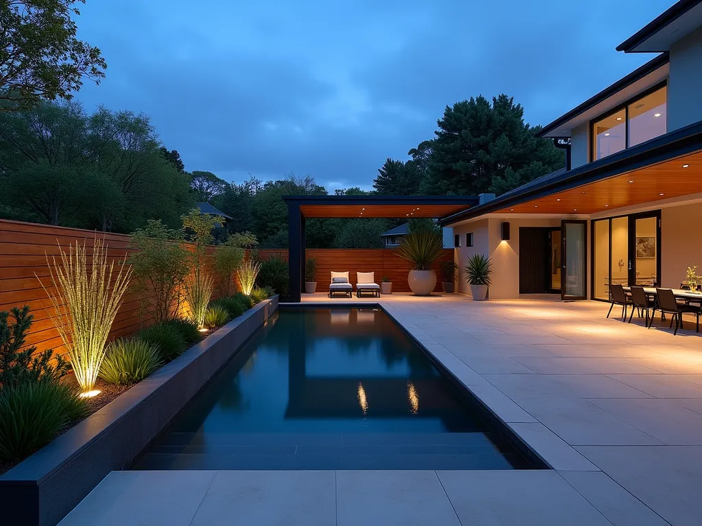 Modern Family Pool Garden Oasis - Twilight photograph of a luxurious modern suburban backyard pool garden, shot at f/2.8 with a 16-35mm wide-angle lens. A sleek rectangular infinity pool with dark tiles reflects the evening sky, surrounded by light grey non-slip composite decking. Clean-lined geometric planters in charcoal contain architectural plants like New Zealand flax and ornamental grasses. Minimalist horizontal cedar privacy screens create depth and warmth. LED strip lighting illuminates the pool's edge and deck steps, while modern wall sconces cast a warm glow on contemporary metal pergola. Strategic uplighting highlights specimen plants. Glass pool fencing maintains views while ensuring safety. Poolside loungers and a modern outdoor dining set complete the sophisticated family-friendly space.