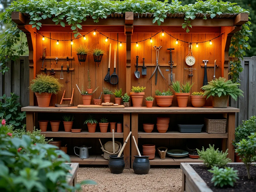 Modern Garden Workshop Haven - A DSLR wide-angle shot of a charming suburban garden workshop area at golden hour, featuring a rustic cedar potting bench with organized tool storage beneath. The workshop space is illuminated by warm string lights and natural sunlight filtering through overhead pergola beams. A neat array of terracotta pots, seedlings, and gardening tools are artfully arranged on the weathered wooden workbench. The surrounding space includes raised demonstration beds with fresh herbs and vegetables, connected by neat gravel pathways. Modern metal tool organizers hang on the workshop wall, while vintage garden implements add character. The scene is complemented by climbing jasmine on the pergola and soft landscape lighting, creating an inviting educational and practical gardening workspace, shot at f/8 for perfect depth of field, capturing both fine details and overall ambiance.