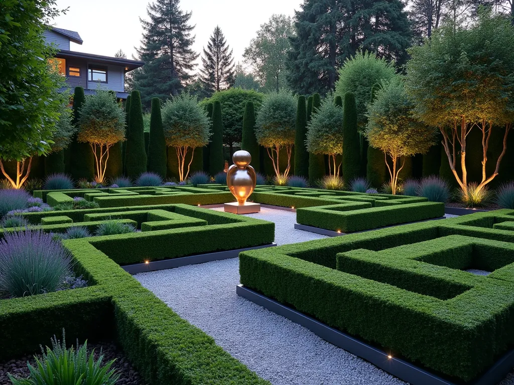 Modern Geometric Garden with Boxwood Maze - A sophisticated suburban garden at dusk featuring meticulously manicured boxwood hedges forming geometric patterns, creating a mesmerizing maze-like design. Clean-lined steel edging separates angular gravel pathways from lush planted beds. A striking modern metal sculpture serves as a focal point, its metallic surface catching the warm evening light. Symmetrical beds filled with ornamental grasses and lavender create texture against the precise boxwood shapes. Wide-angle view showcasing the formal garden layout with architectural lighting beginning to illuminate the geometric patterns.